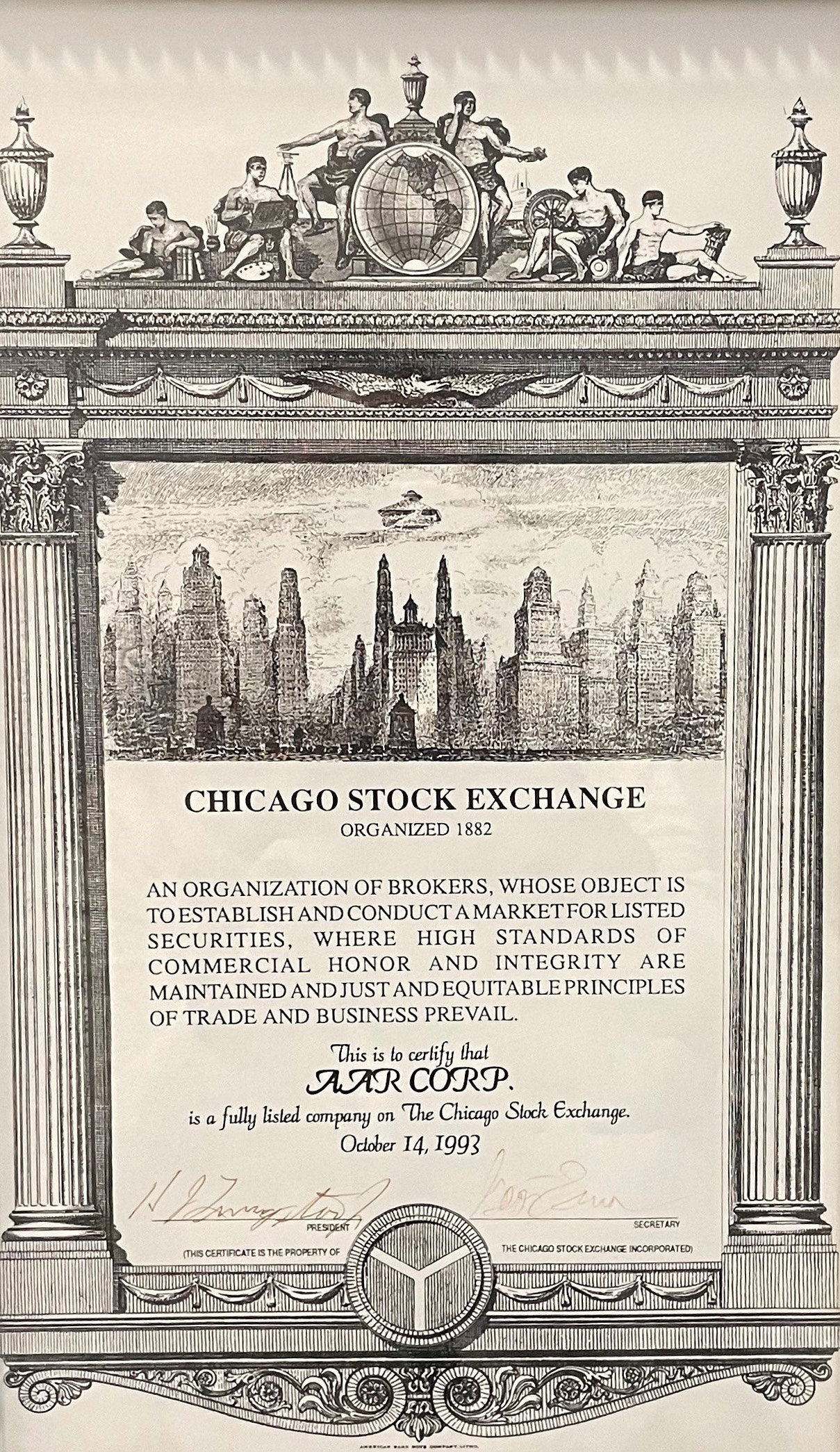 Chicago stock exchange certificate