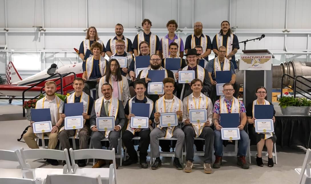  Legacy Aviation graduates celebrate the completion of their Airframe and Powerplant program on August 8, 2025, in Traverse City, Michigan