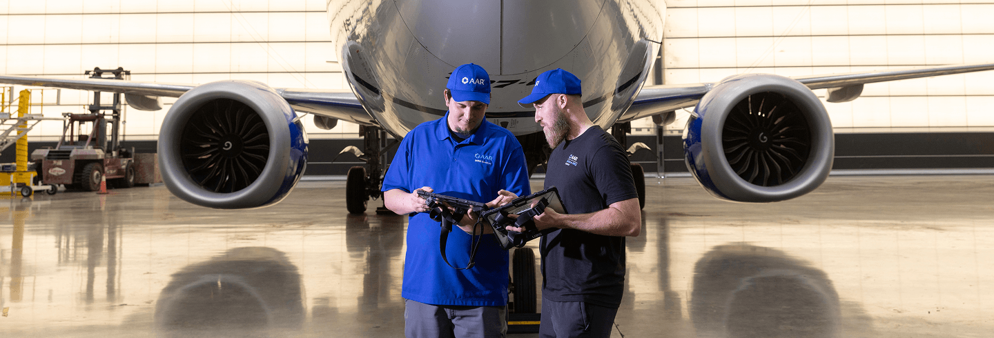 Employees working in a hangar